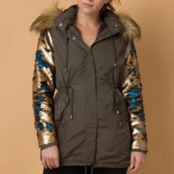 PARKA COAT WITH SEQUIN SLEEVES - Picture 2 of 5